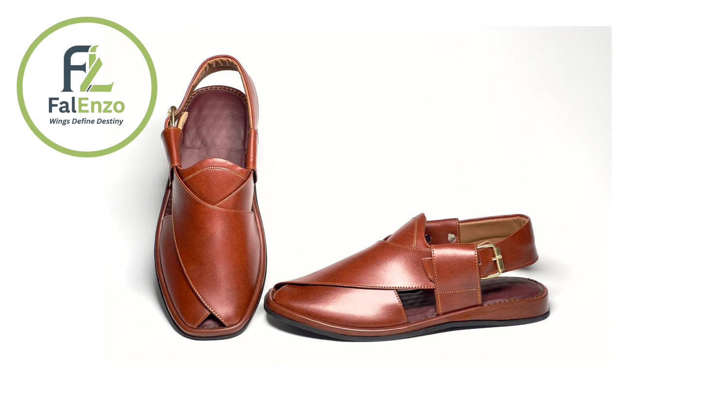 Falenzo Handmade Mustard Brown Leather Peshawari Chappal for Men