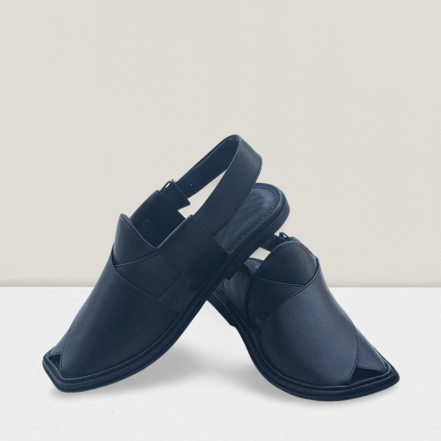 "Handmade Black Leather Peshawari Chappal for Men – Traditional Pakistani Sandal with Comfortable Sole and Adjustable Back Strap | Falenzo"