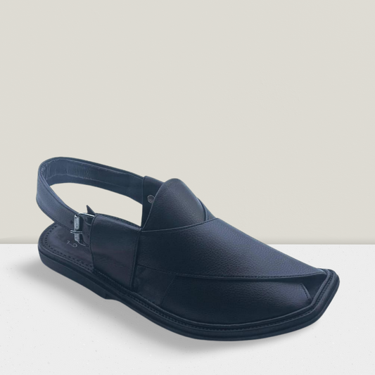 "Handmade Black Leather Peshawari Chappal for Men – Traditional Pakistani Sandal with Comfortable Sole and Adjustable Back Strap | Falenzo"