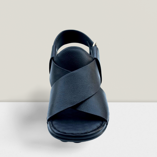 "Premium Handmade Black Leather Cross Strap Sandal for Men – Comfortable Casual Footwear with Adjustable Back Strap | Falenzo Pakistan"