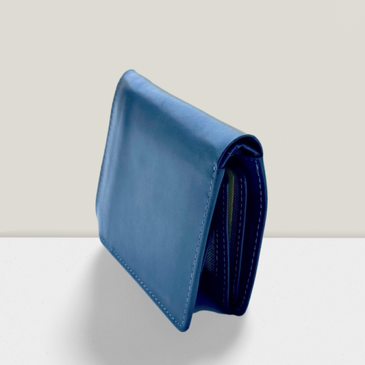"Premium Blue Leather Wallet for Men – Handmade Compact Trifold Purse with Multiple Card Slots, Coin Pocket & Secure Closure | Falenzo"