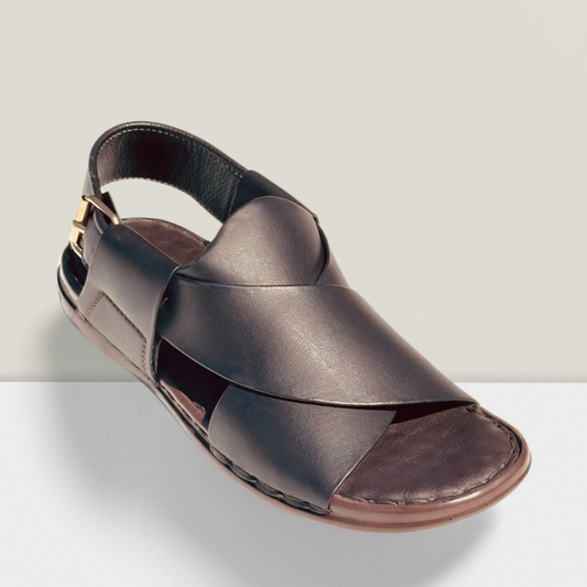 "Premium Handmade Brown Leather Cross Strap Sandal for Men – Comfortable Casual Footwear with Adjustable Back Strap | Falenzo Pakistan"