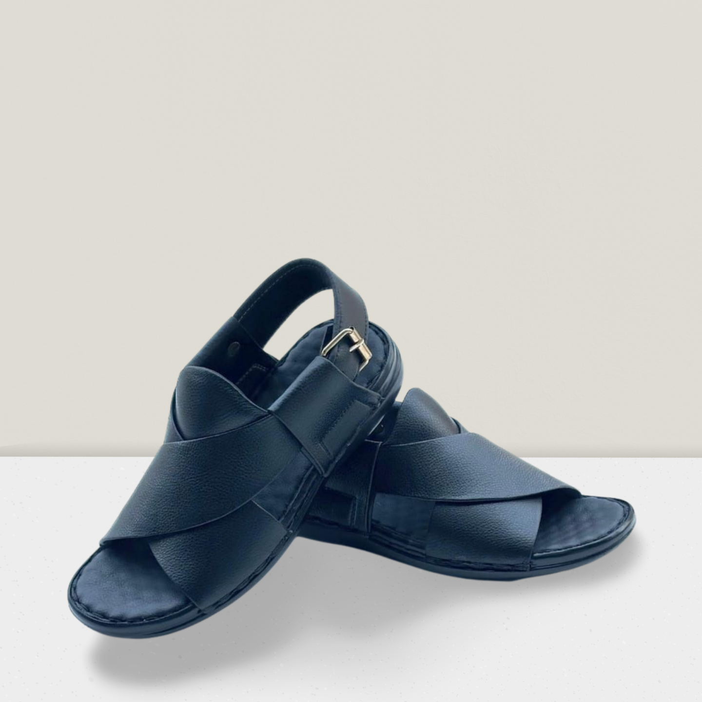 "Premium Handmade Black Leather Cross Strap Sandal for Men – Comfortable Casual Footwear with Adjustable Back Strap | Falenzo Pakistan"