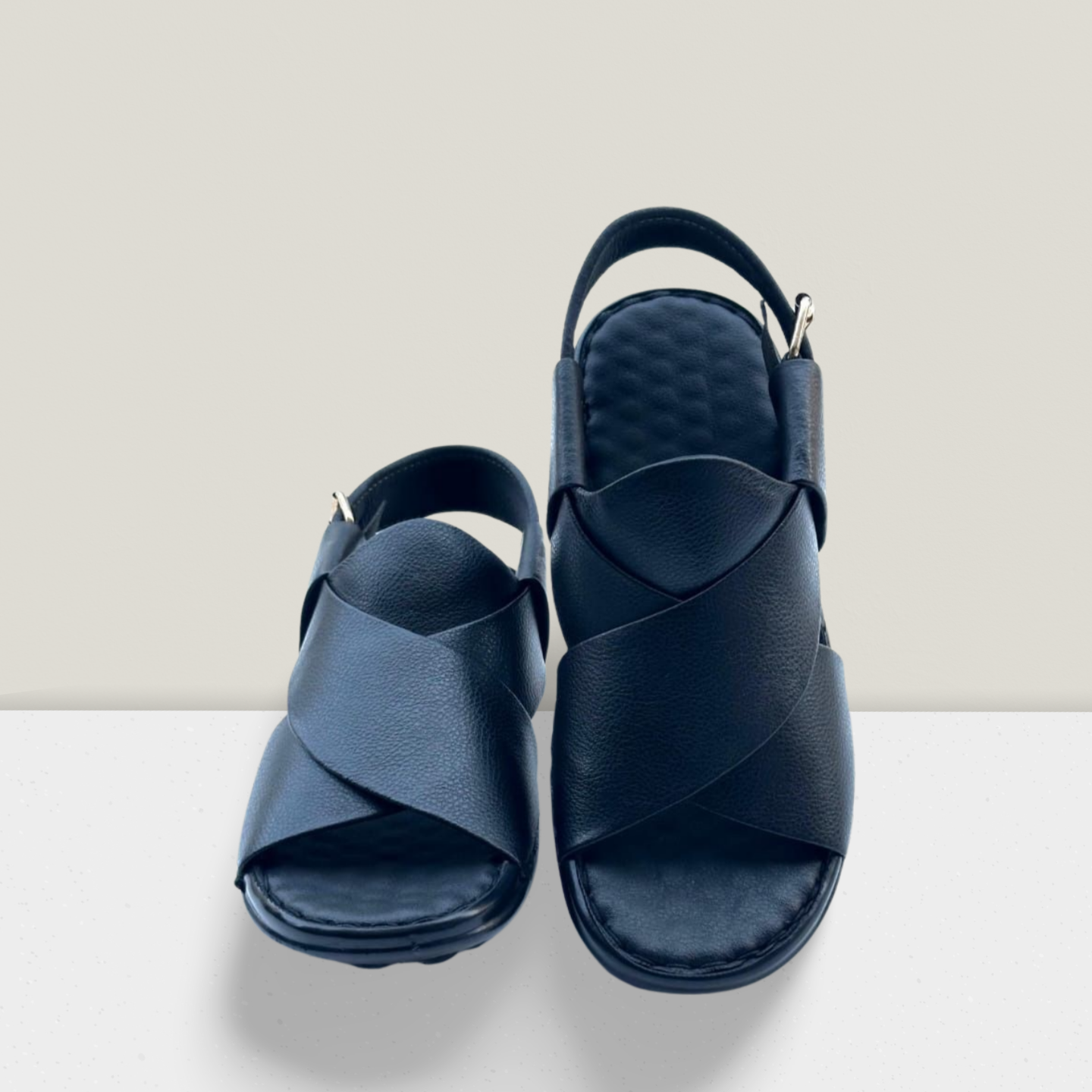 "Premium Handmade Black Leather Cross Strap Sandal for Men – Comfortable Casual Footwear with Adjustable Back Strap | Falenzo Pakistan"