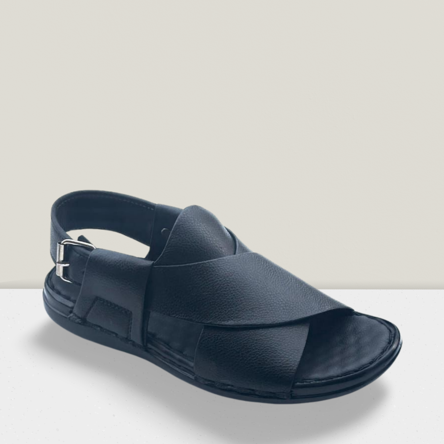 "Premium Handmade Black Leather Cross Strap Sandal for Men – Comfortable Casual Footwear with Adjustable Back Strap | Falenzo Pakistan"