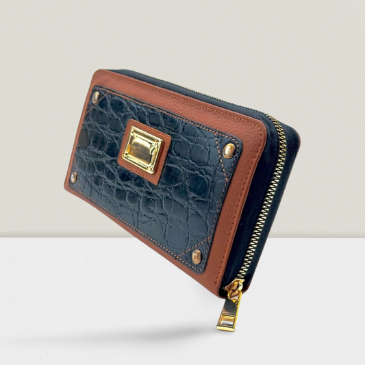 "Elegant Black and Golden Leather Handclutch for Women – Small Top Handle Purse Perfect for Parties, Weddings, Evening Outfits & Casual Wear | Falenzo"