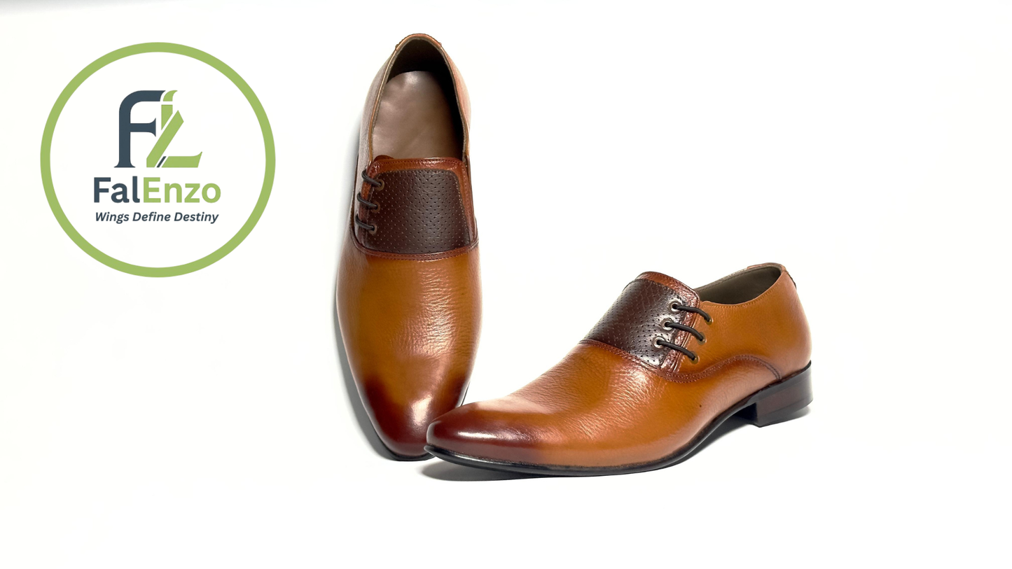 Falenzo Mustard Brown Formal Leather Shoes for Men | Premium Handmade Dress Shoes Pakistan