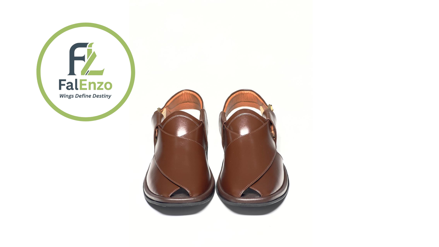 FalEnzo Handmade Brown Leather Peshawari Chappal for Men