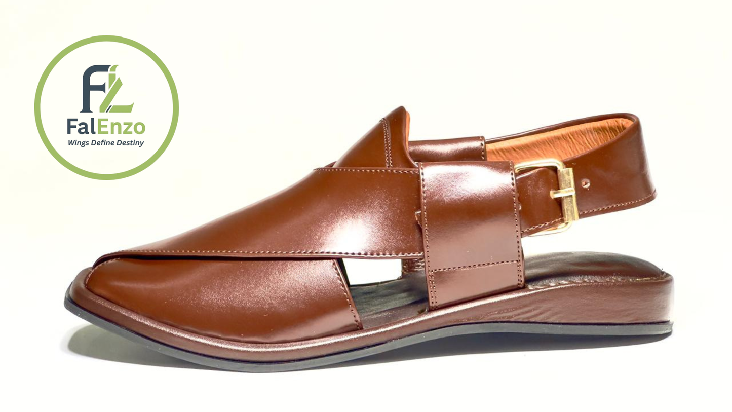 FalEnzo Handmade Brown Leather Peshawari Chappal for Men