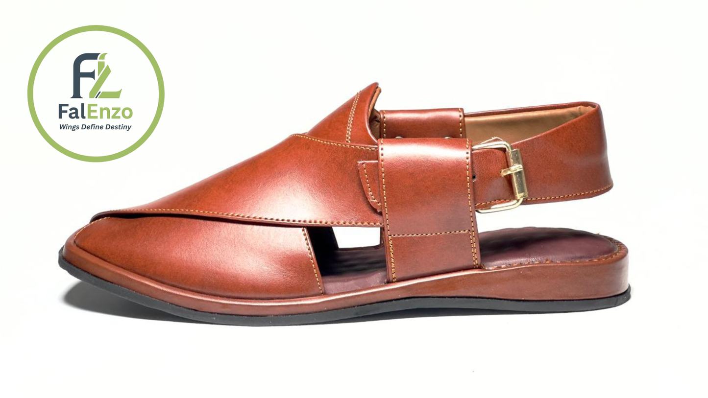 Falenzo Handmade Mustard Brown Leather Peshawari Chappal for Men